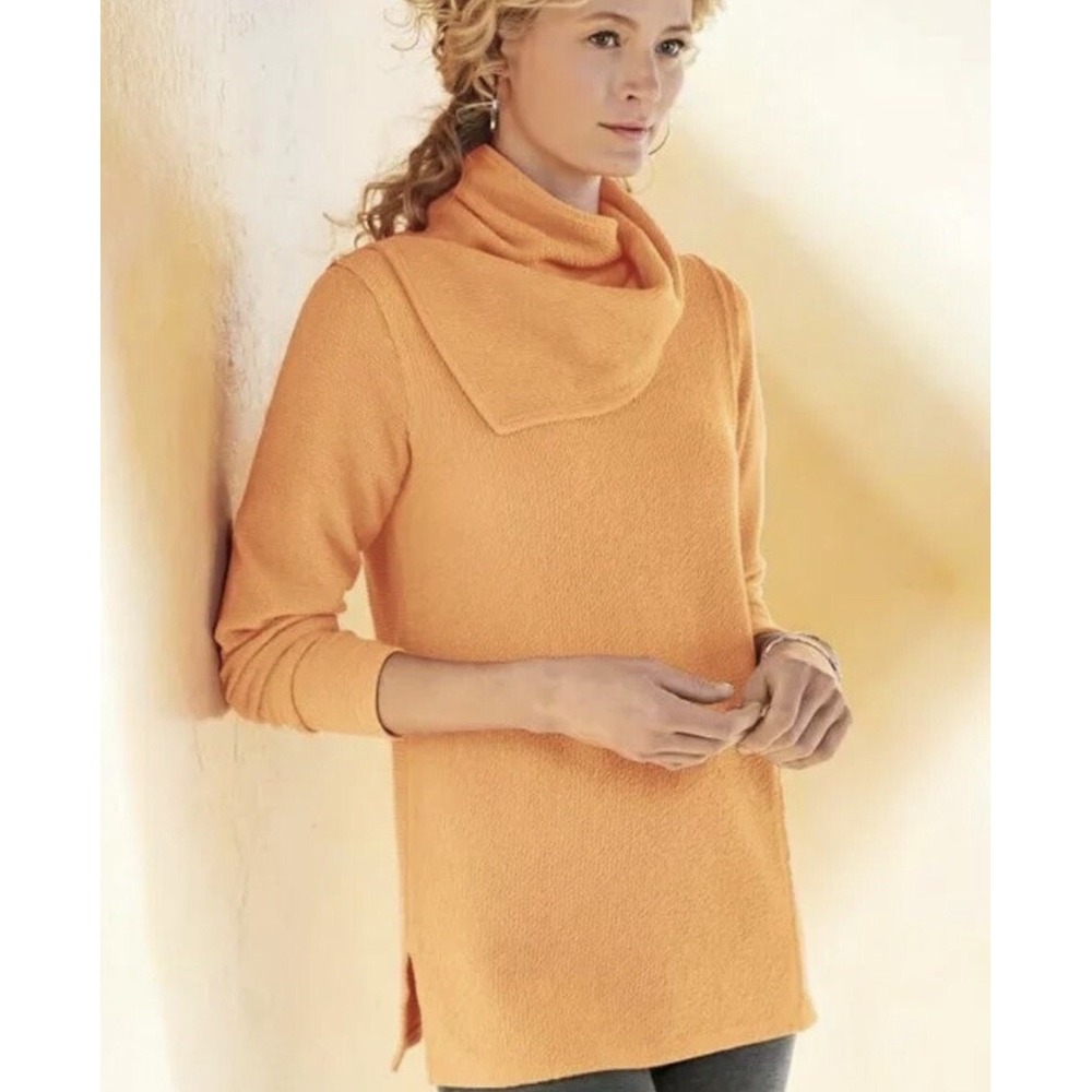 SOFT SURROUNDINGS Cowl Neck Tunic Top Women's XL Orange Textured Knit Lagenlook